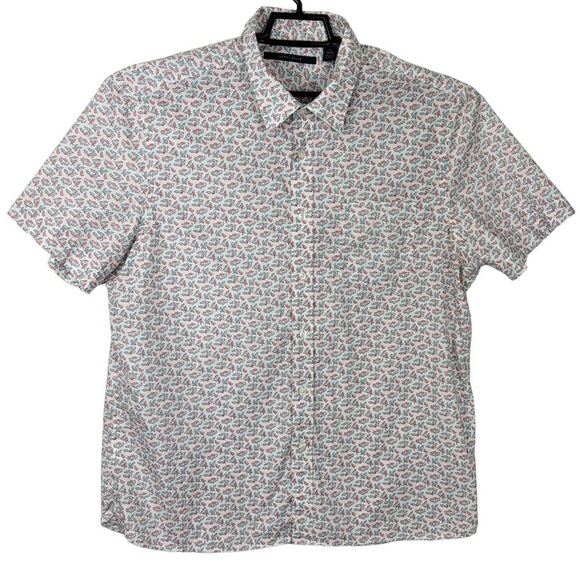 Perry Ellis Button Up Camp Shirt Men's XL Red Fish Blue Fish Print Cotton EUC - Picture 1 of 12